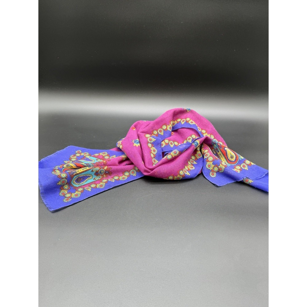 Vintage Paisley Scarf 54" Magenta Purple Blue Boho Retro Fringe Wrap Vibrant!